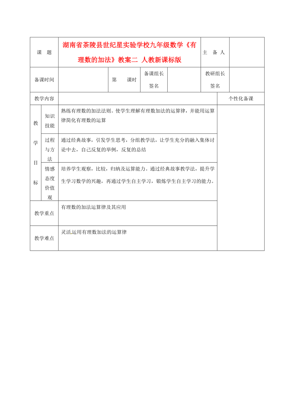 湖南省茶陵县世纪星实验学校九年级数学《有理数的加法》教案二人教新课标版.doc