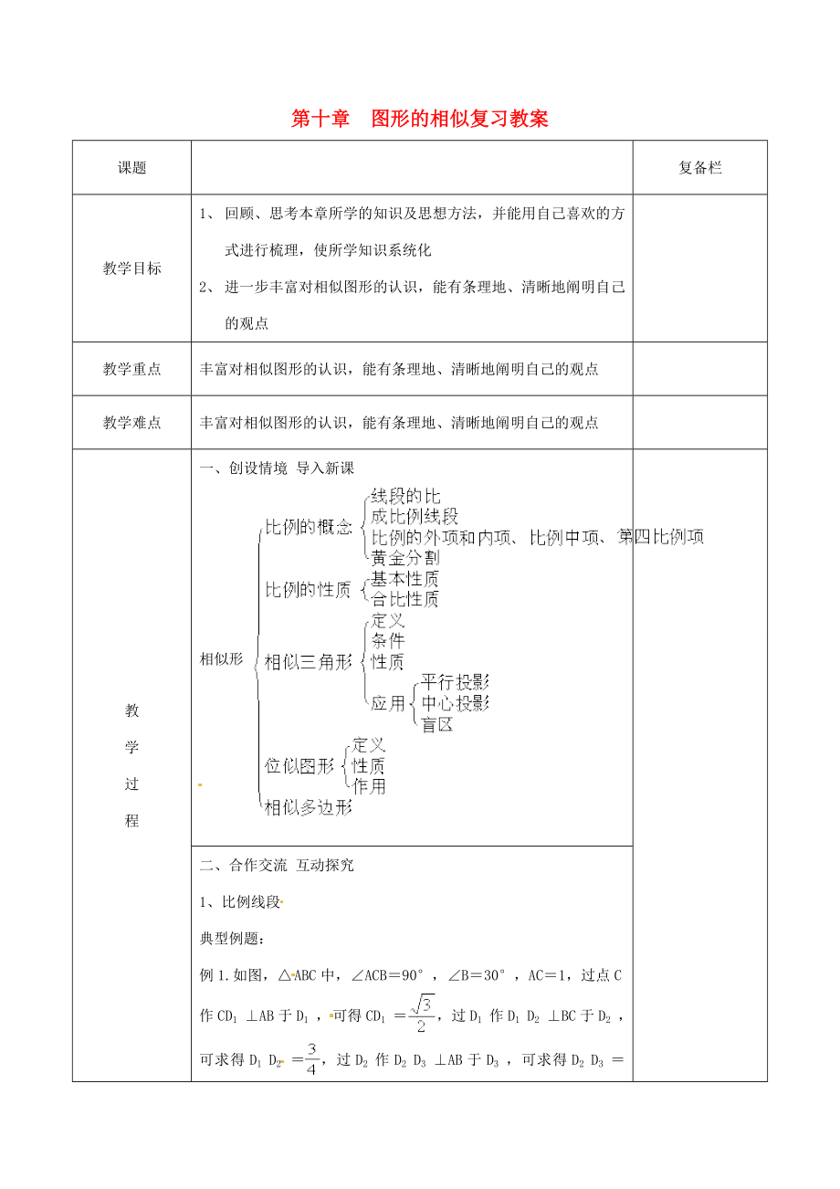 江苏省连云港市岗埠中学八年级数学下册第十章图形的相似复习教案苏科版.doc