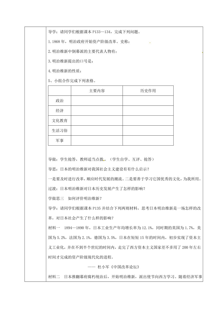 重庆市沙坪坝区九年级历史上册世界近代史(上)第三学习主题资产阶级统治的巩固与扩大第21课日本明治维新教案川教版川教版初中九年级上册历史教案.doc