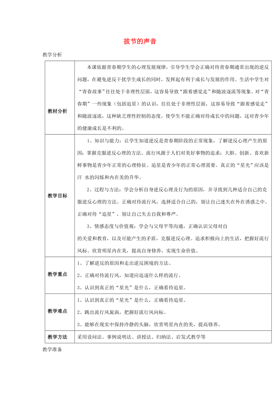 秋八年级道德与法治上册第二单元青春自画像第四课拔节的声音（身体在生长走出困惑）教学设计人民版人民版初中八年级上册政治教案.doc