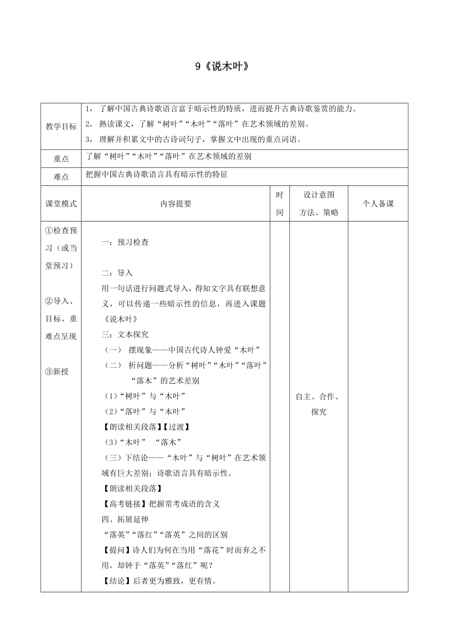 江西省万载县株潭中学高中语文9说木叶教案新人教版必修5.doc