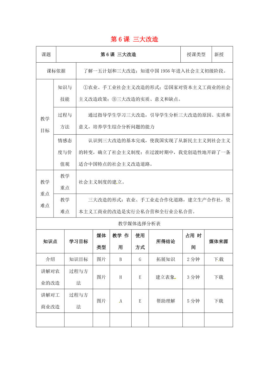 陕西省安康市石泉县池河镇八年级历史下册第一单元走向社会主义第6课三大改造教案1北师大版北师大版初中八年级下册历史教案.doc