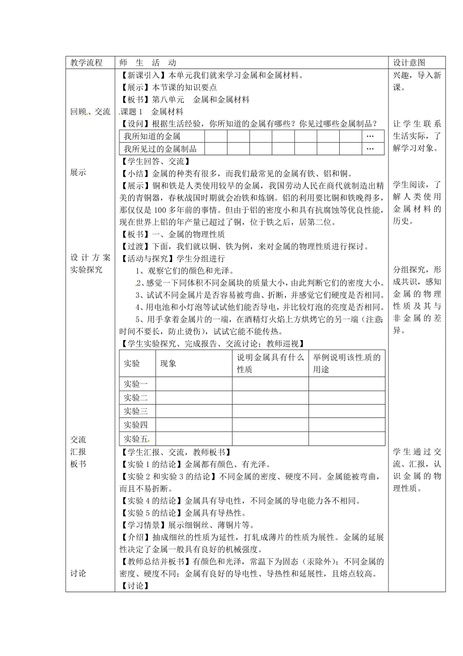 江苏省泰州市永安初级中学九年级化学下册第八单元金属和金属材料课题1金属材料教案（新版）新人教版.doc