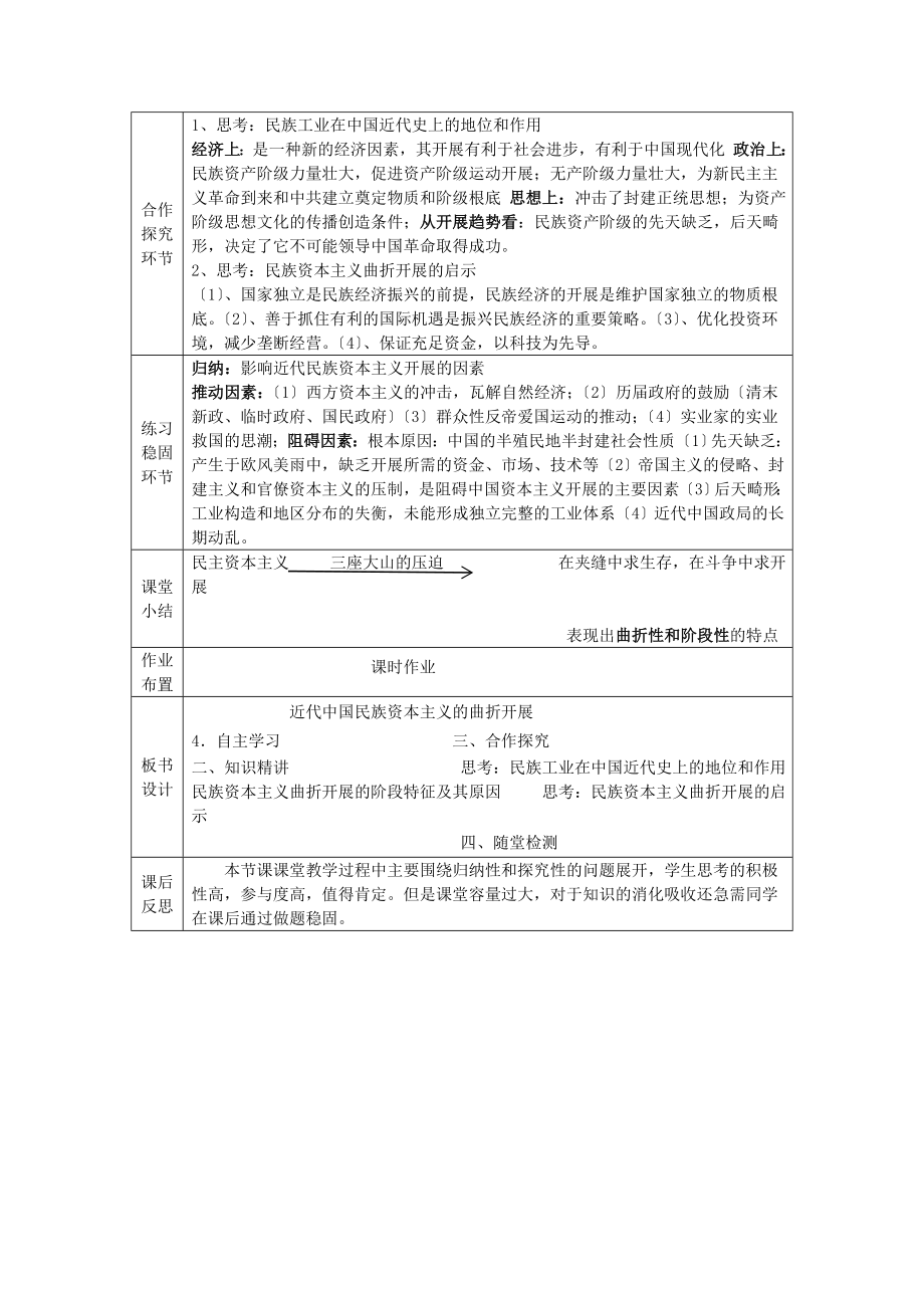 高中历史专题三中国社会主义建设道路的探索3.1近代中国民族资本主义的曲折发展教案人民版必修2.doc