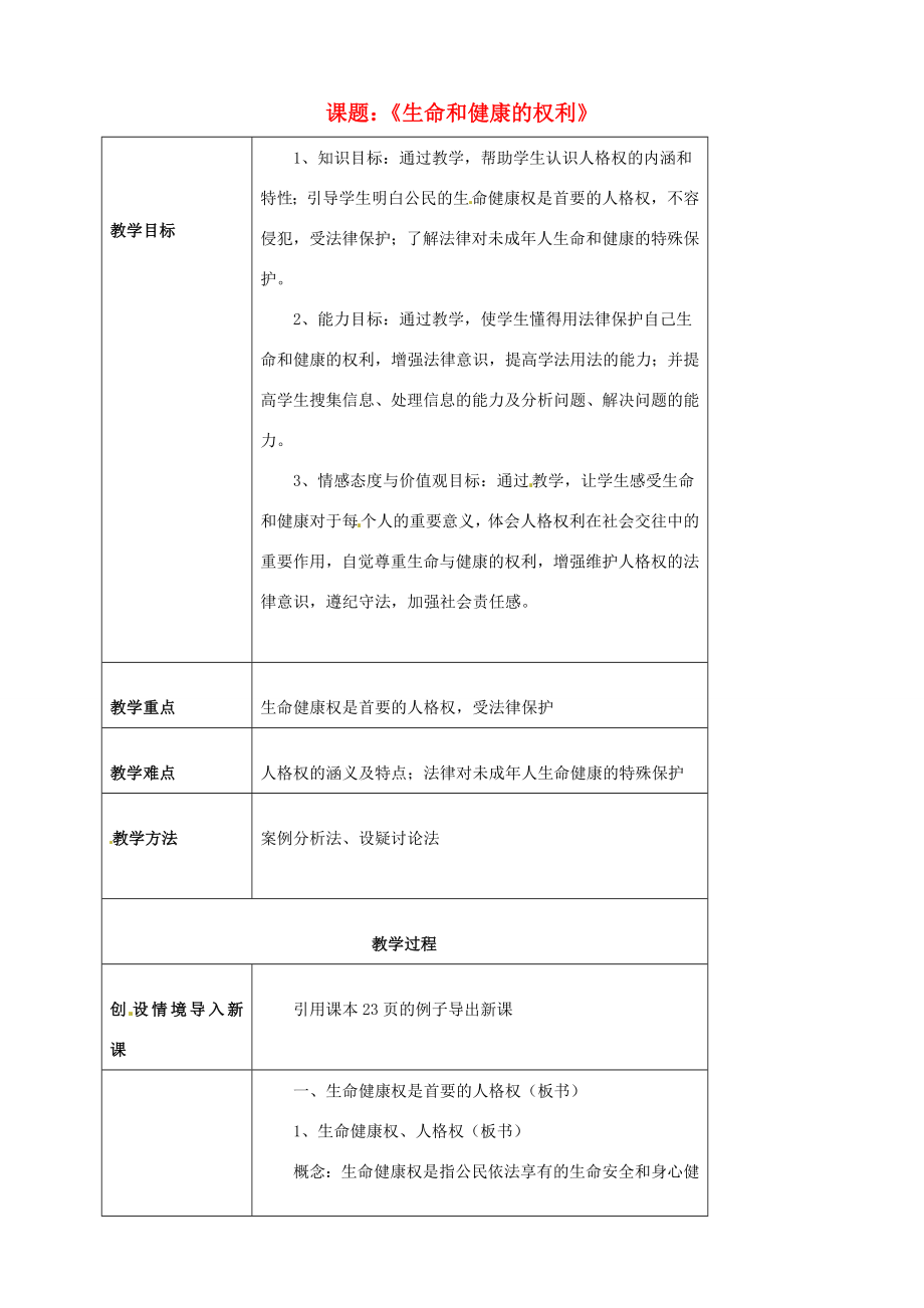 海南省万宁市思源实验学校八年级政治下册第三课第一框《生命和健康的权利》教案新人教版.doc