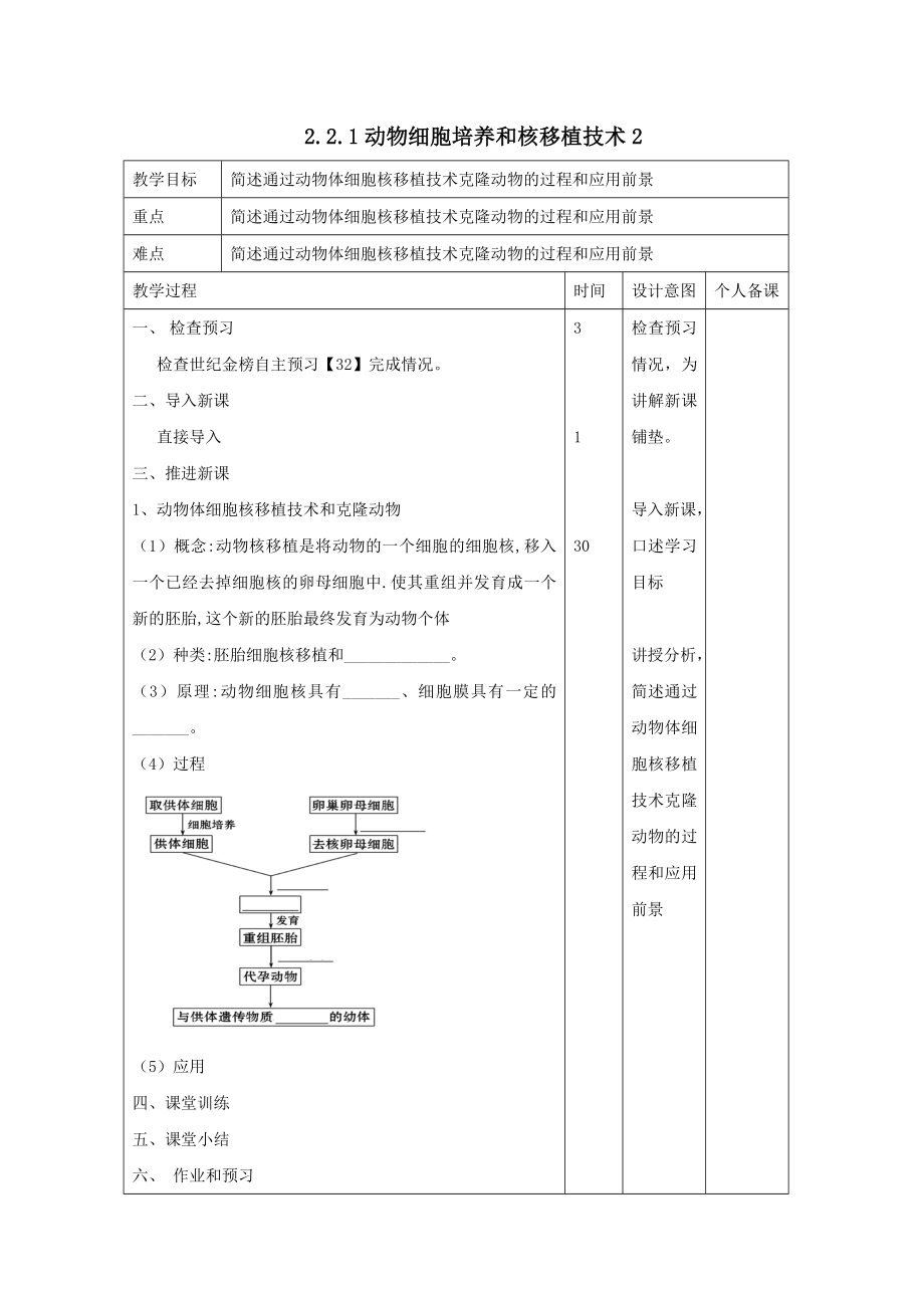 江西省万载县高中生物专题2细胞工程2.2.1动物细胞培养和核移植技术2教案新人教版选修3.doc