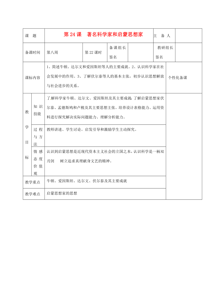 湖南省茶陵县九年级历史上册《第24课著名科学家和启蒙思想家》教案人教新课标版.doc