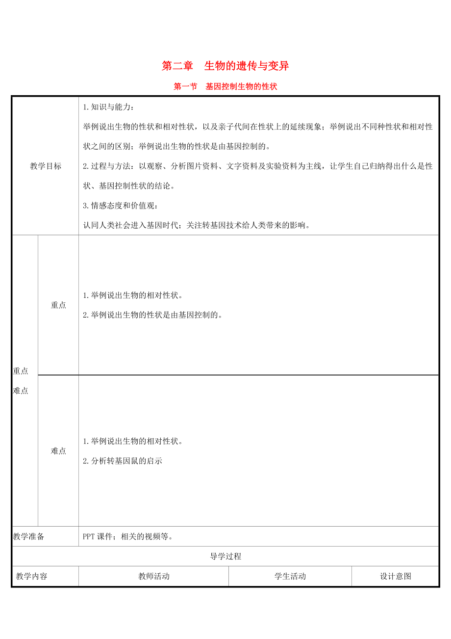 版八年级生物下册第七单元生物圈中生命的延续和发展第二章生物的遗传和变异第1节基因控制生物的性状教案（新版）新人教版（新版）新人教版初中八年级下册生物教案.doc