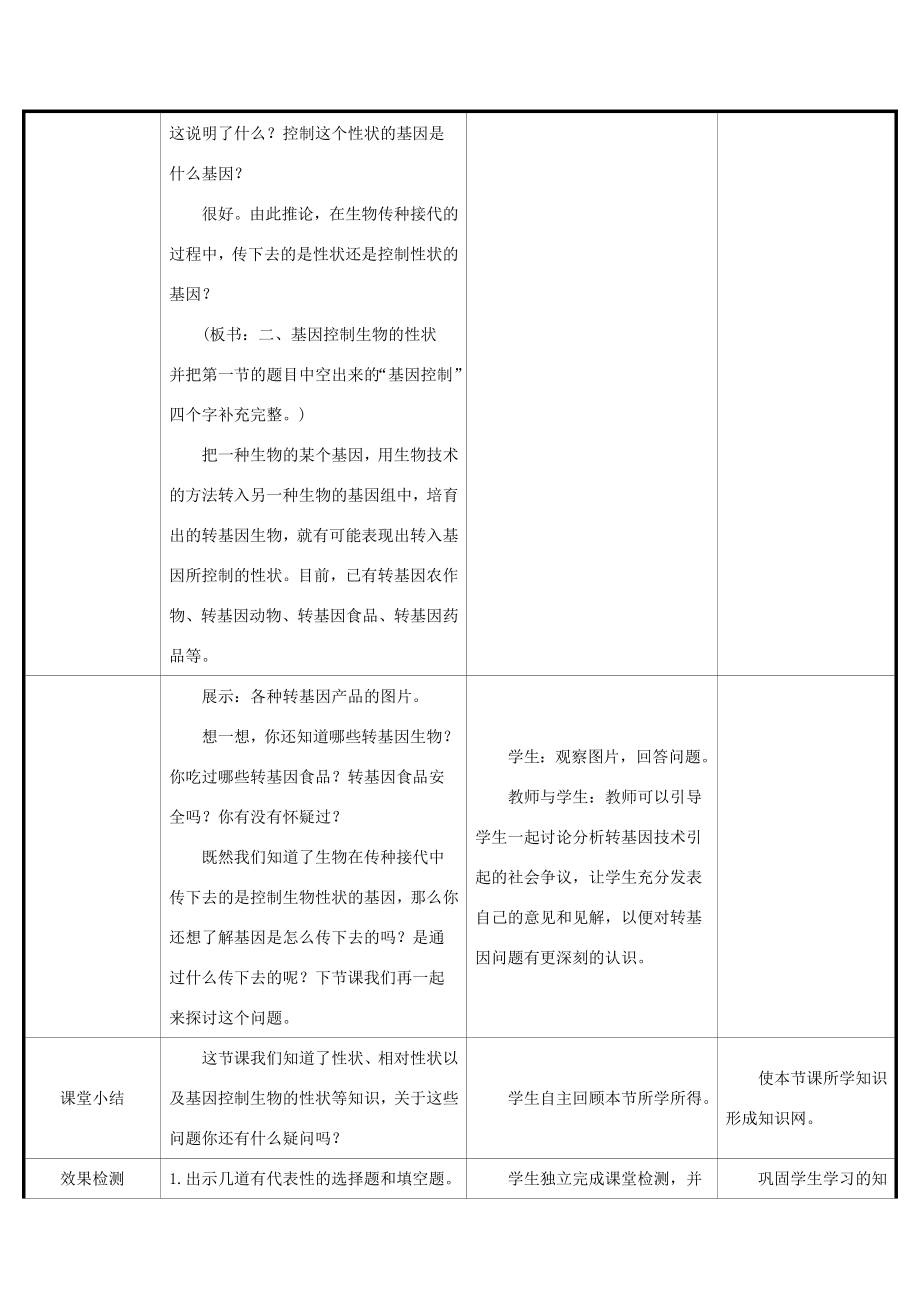 版八年级生物下册第七单元生物圈中生命的延续和发展第二章生物的遗传和变异第1节基因控制生物的性状教案（新版）新人教版（新版）新人教版初中八年级下册生物教案.doc