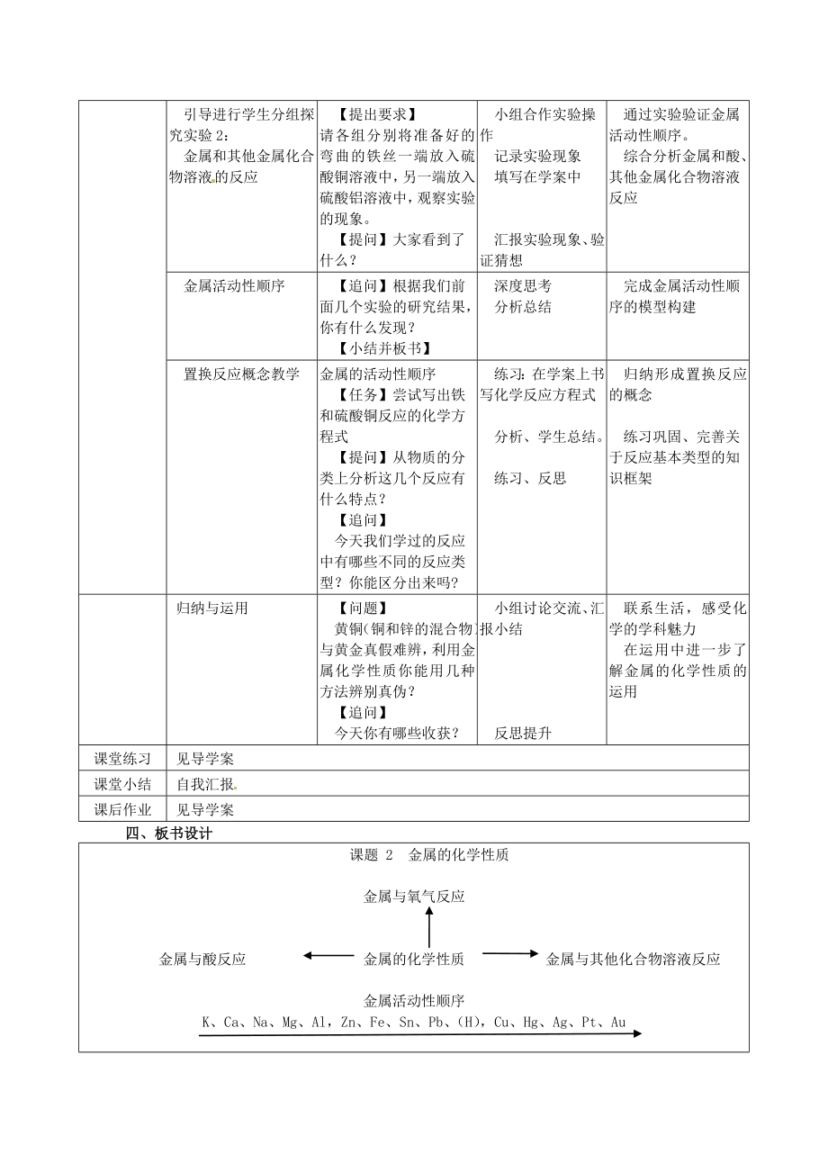 辽宁省东港市黑沟中学九年级化学下册第八单元课题2金属的化学性质教案（新版）新人教版.doc