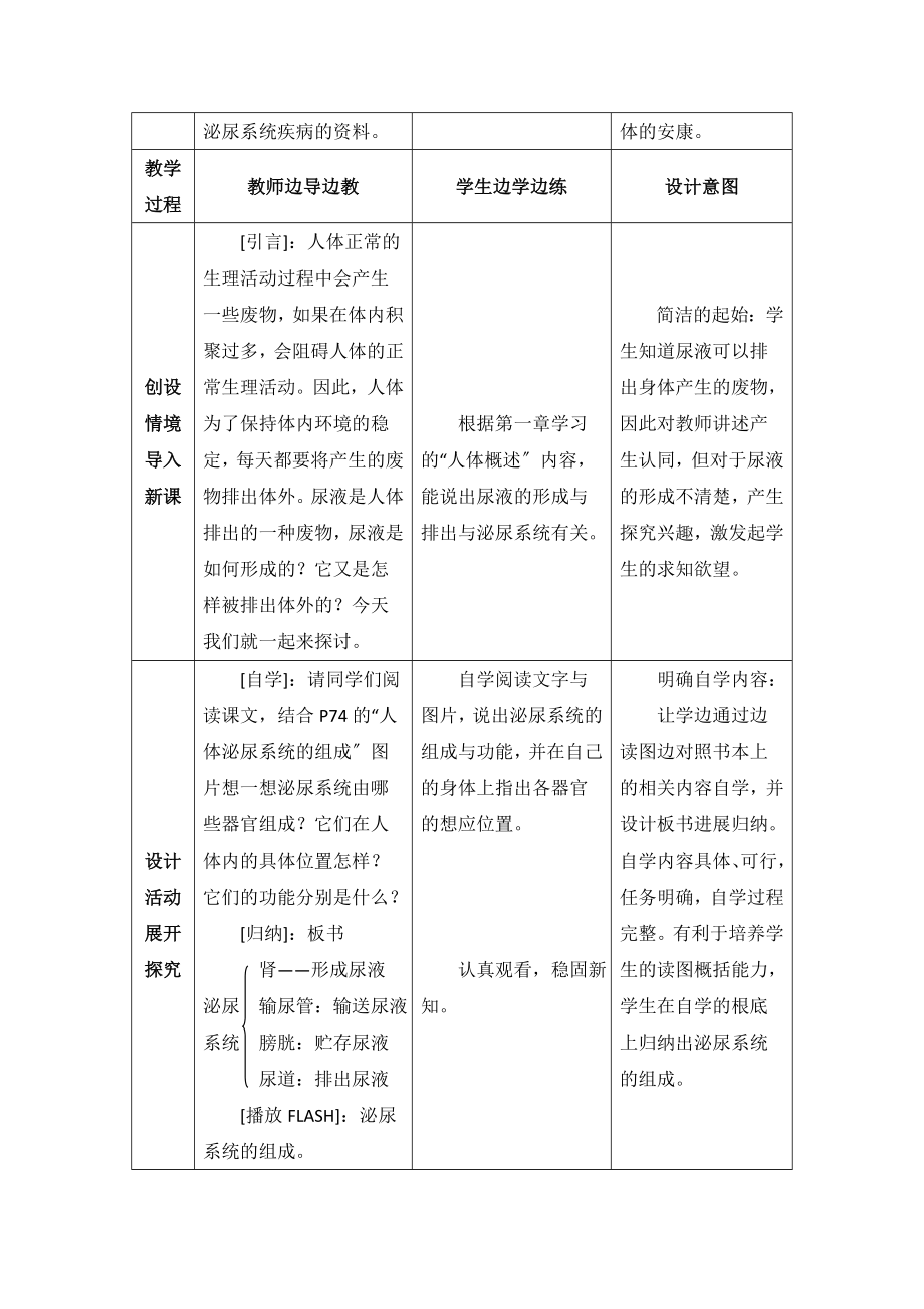 苏教版生物七年级下册11.1《人体泌尿系统的组成》教案2.doc