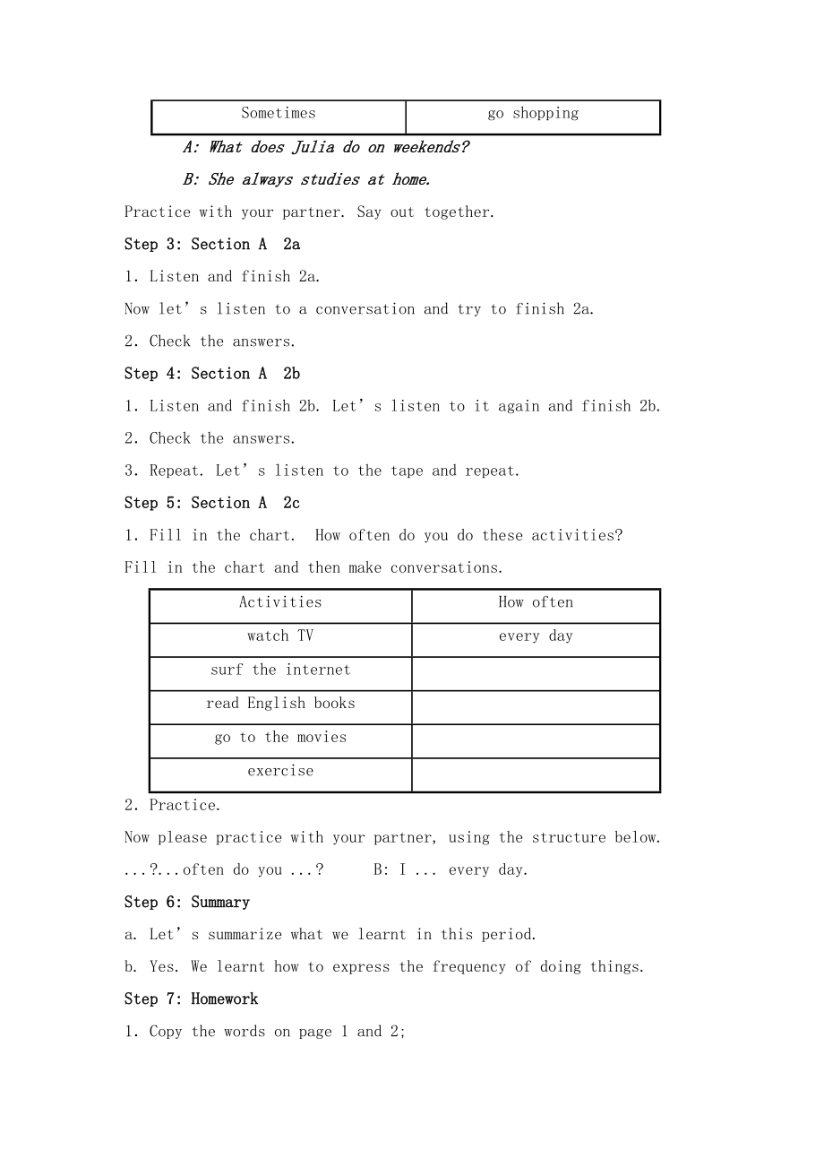 鲁教版五四制英语七年级上册Unit6HowoftendoyourcisePeriod1教案.doc