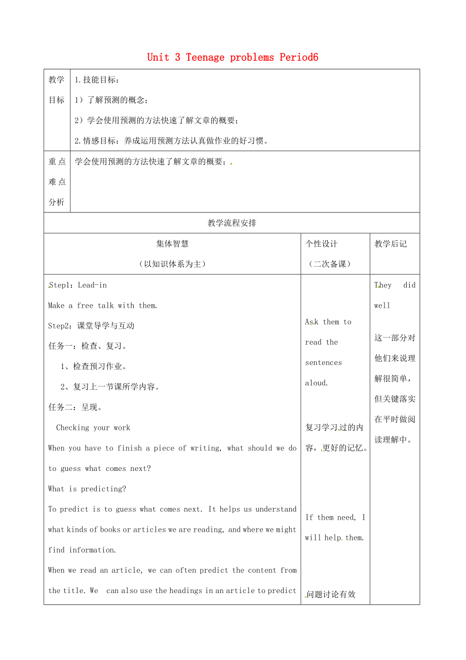 江苏省宿迁市宿豫县关庙镇中心学校九年级英语上册Unit3TeenageproblemsPeriod6教案牛津版.doc