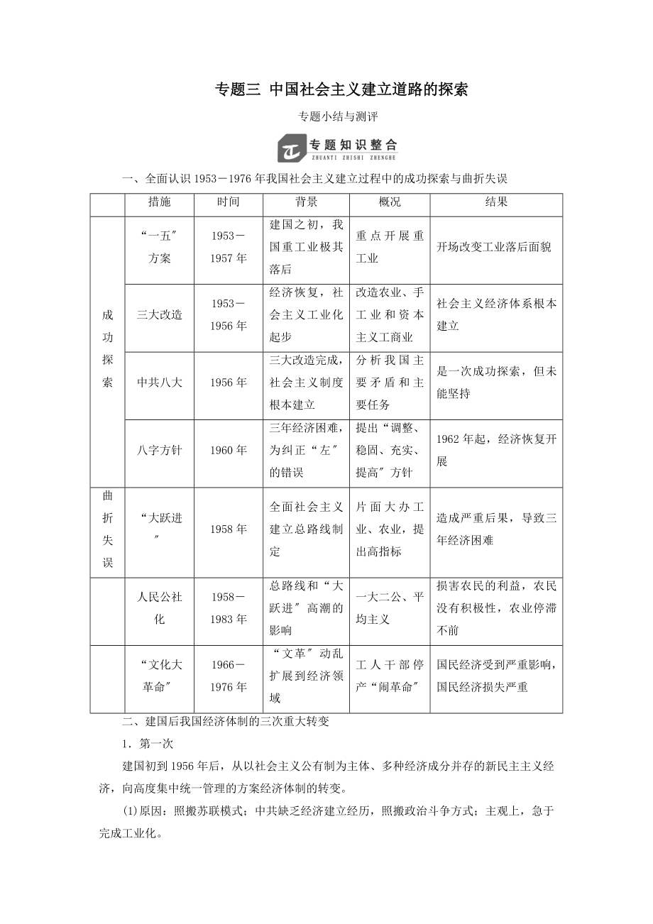 高中历史专题三中国社会主义建设道路的探索专题小结与测评教案（含解析）人民版必修2.doc