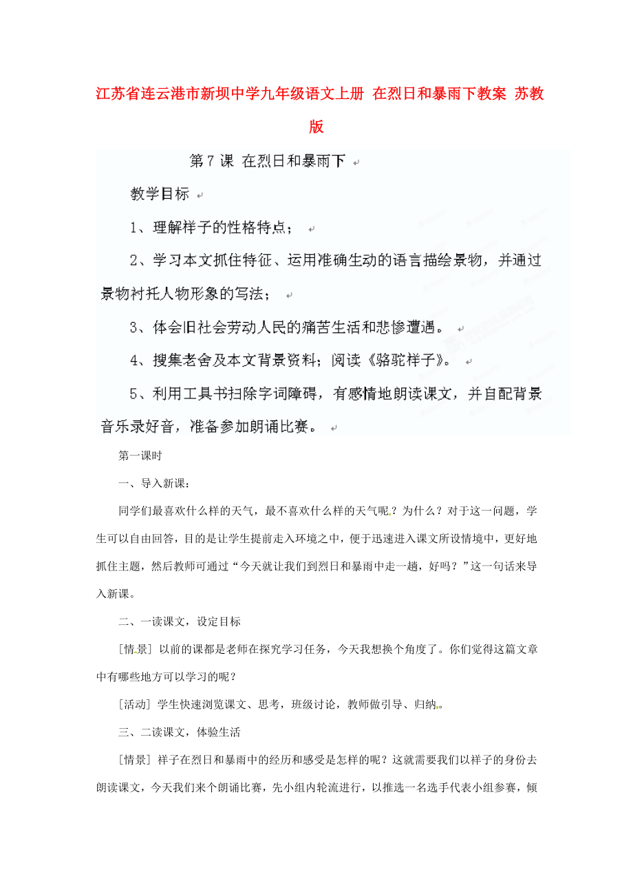 江苏省连云港市新坝中学九年级语文上册在烈日和暴雨下教案苏教版.doc