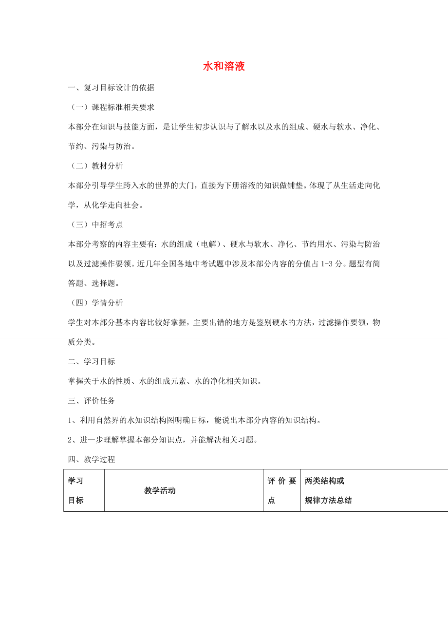 河南省商水县练集二中中考化学第一轮复习水和溶液（第1课时）教案人教版初中九年级全册化学教案.doc