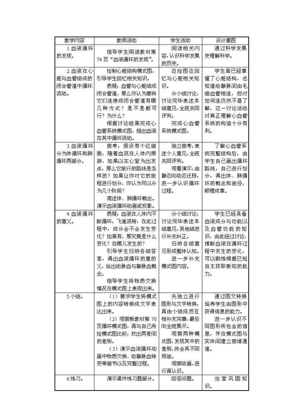 生物第9章第2节血液循环教案（北师大版七年级下）.doc