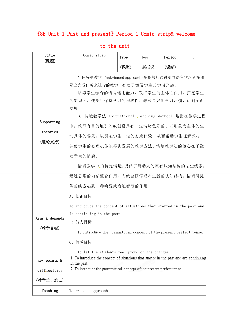 江苏省海安县大公初级中学八年级英语下册《8BUnit1Pastandpresent》Period1Comicstripwelcometotheunit教案牛津版.doc