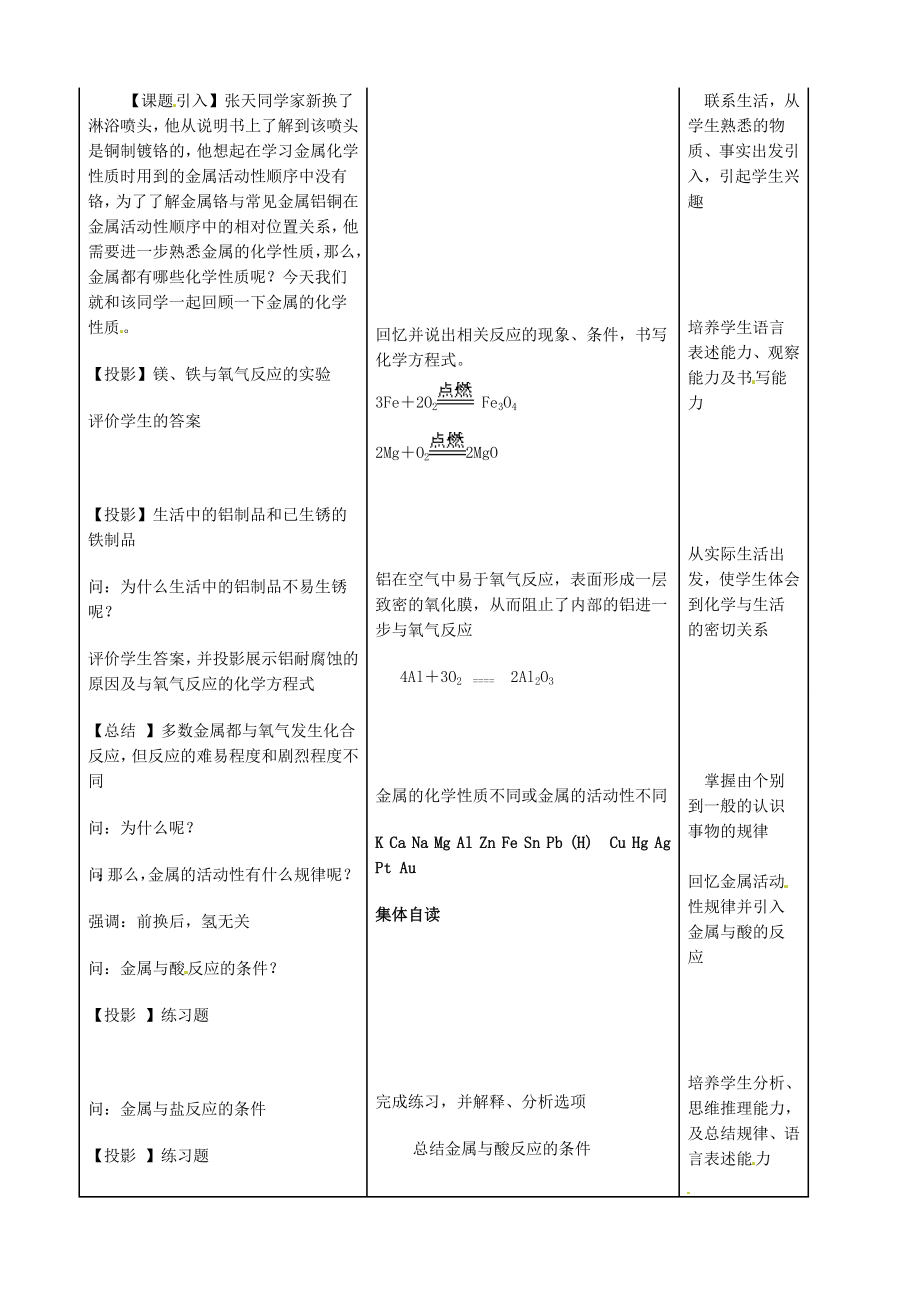 陕西省西安经发中学九年级化学下册《8.2金属的化学性质》教案（新版）新人教版.doc