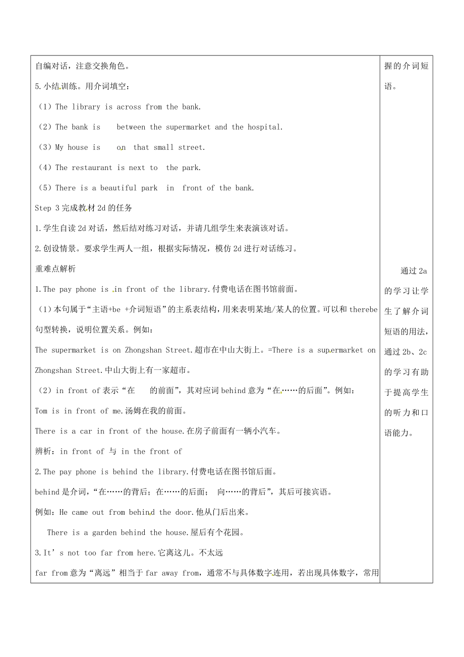 陕西省延安市富县羊泉镇七年级英语下册Unit8IsthereapostofficenearhereSectionA（2a2d）教案（新版）人教新目标版（新版）人教新目标版初中七年级下册英语教案.doc