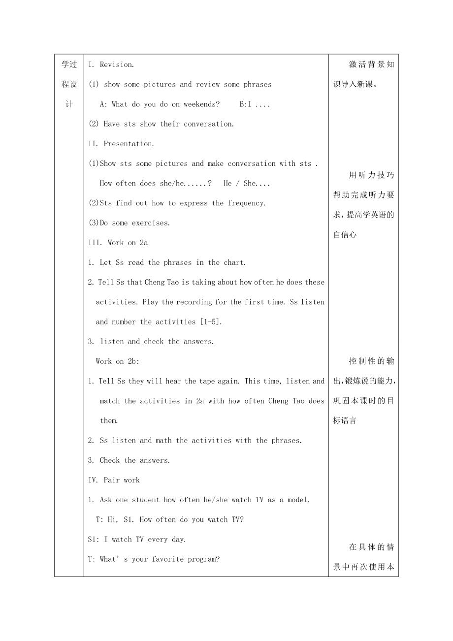 陕西省石泉县八年级英语上册Unit2HowoftendoyourciseSectionA（2a2d）教案（新版）人教新目标版（新版）人教新目标版初中八年级上册英语教案.doc