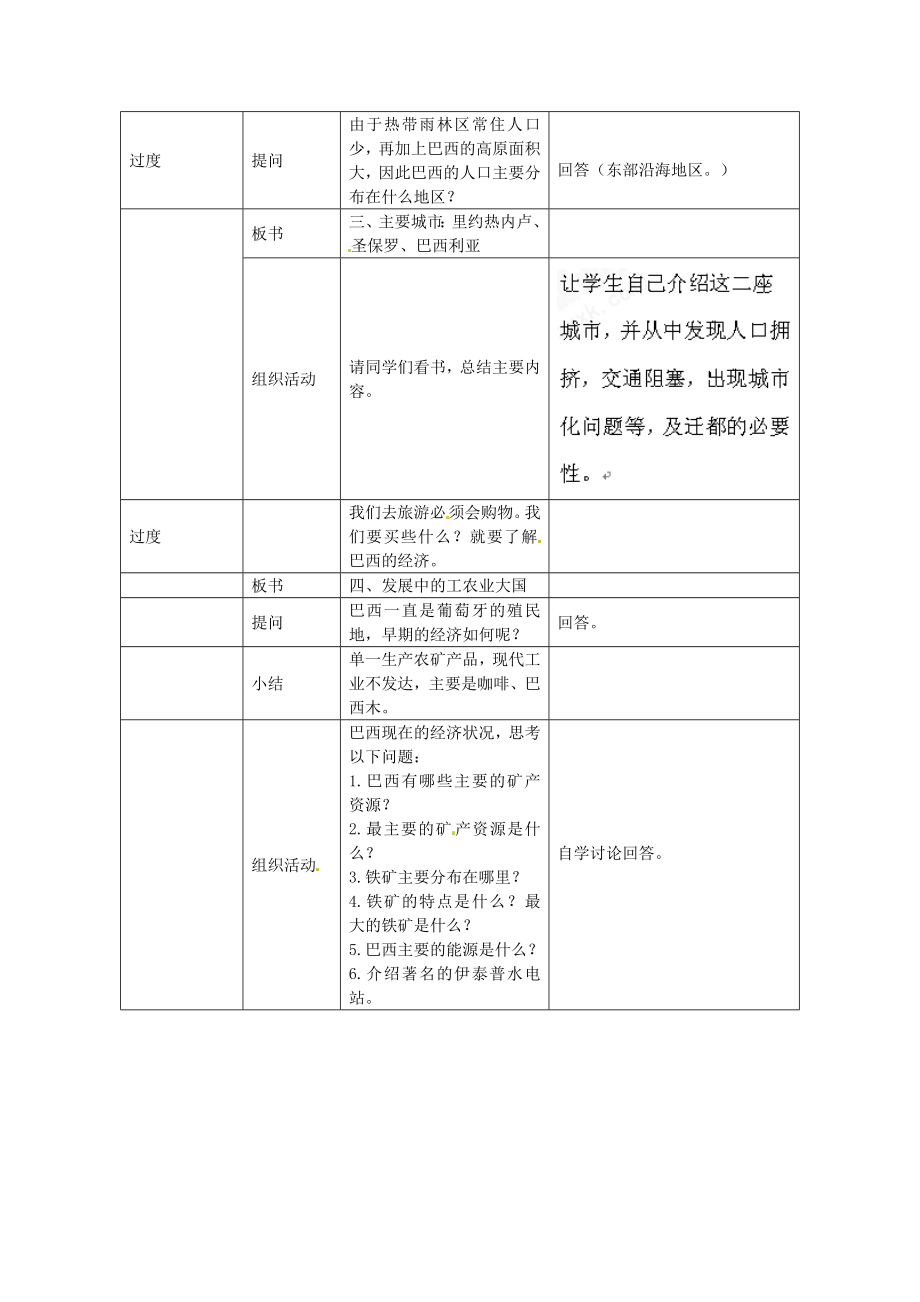 河北省秦皇岛市抚宁县驻操营学区七年级地理下册《巴西》教案新人教版.doc