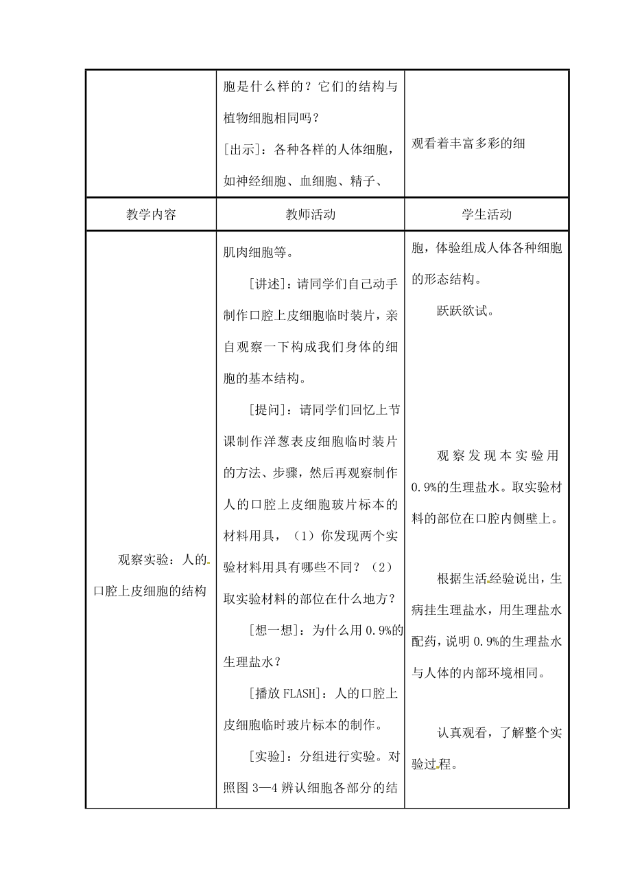 甘肃省白银市会宁县新添回民中学七年级生物上册《人和动物细胞的结构和功能》教案2.doc