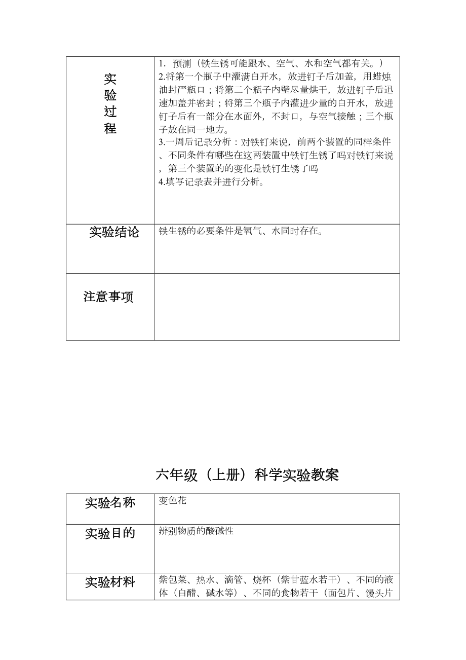 苏教版六年级上册科学实验教案.doc