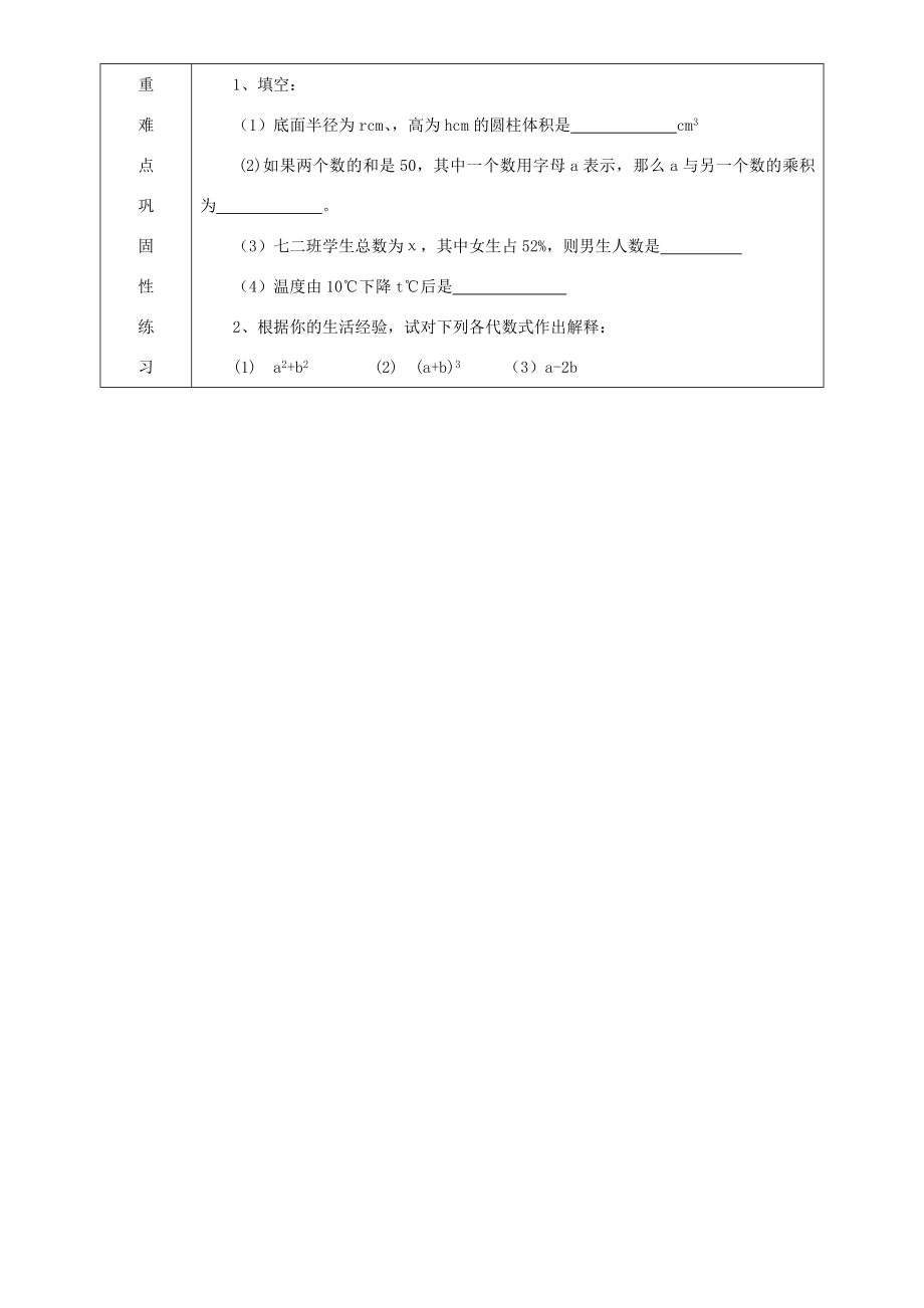 河南省洛阳市下峪镇初级中学七年级数学《列代数式》教案2.doc