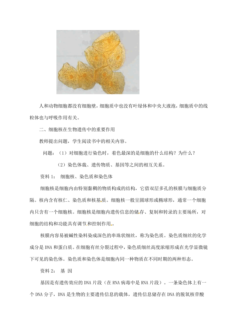 甘肃省白银市会宁县新添回民中学七年级生物上册《人和动物细胞的结构和功能》教案1.doc