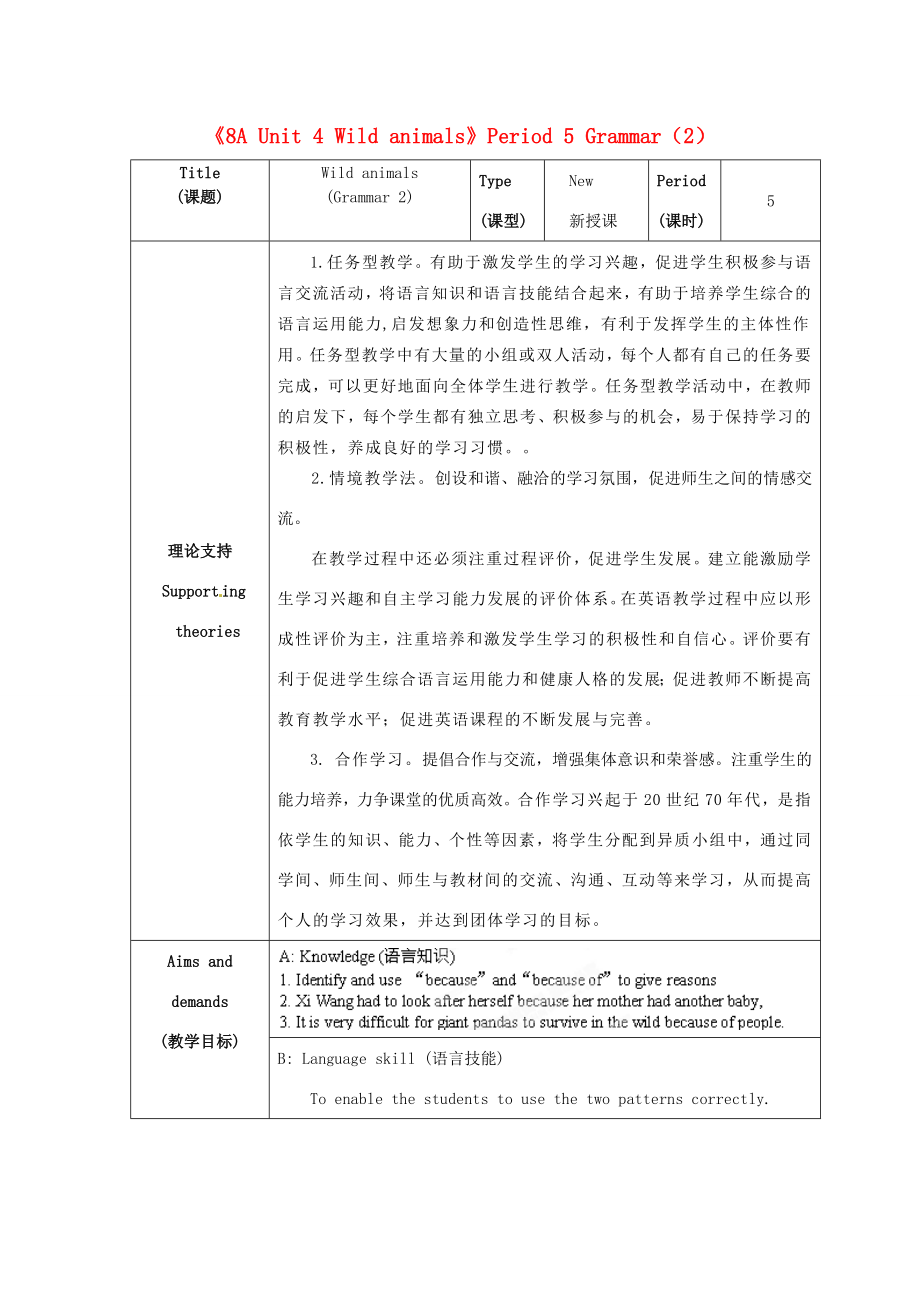 江苏省海安县大公初级中学八年级英语上册《8AUnit4Wildanimals》Period5Grammar（2）教案牛津版.doc