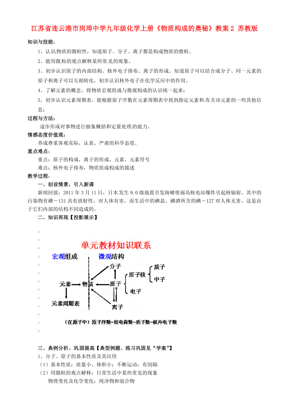 江苏省连云港市岗埠中学九年级化学上册《物质构成的奥秘》教案2苏教版.doc