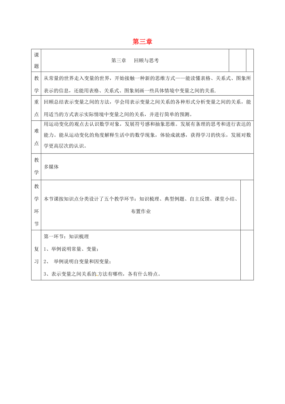 河北省邯郸市肥乡县七年级数学下册第三章变量之间的关系回顾与思考教案（新版）北师大版（新版）北师大版初中七年级下册数学教案.doc