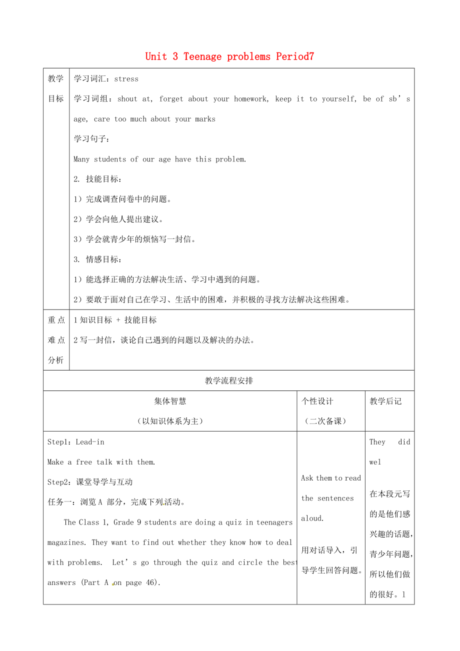 江苏省宿迁市宿豫县关庙镇中心学校九年级英语上册Unit3TeenageproblemsPeriod7教案牛津版.doc