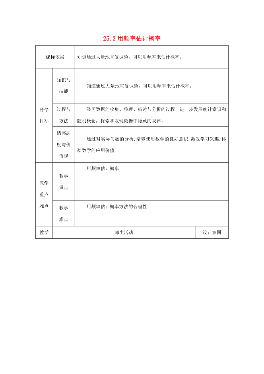 陕西省安康市石泉县池河镇九年级数学上册25.3用频率估计概率教案2（新版）新人教版（新版）新人教版初中九年级上册数学教案.doc