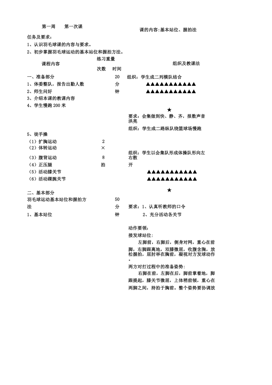 羽毛球正手握拍及站位教案(2).doc