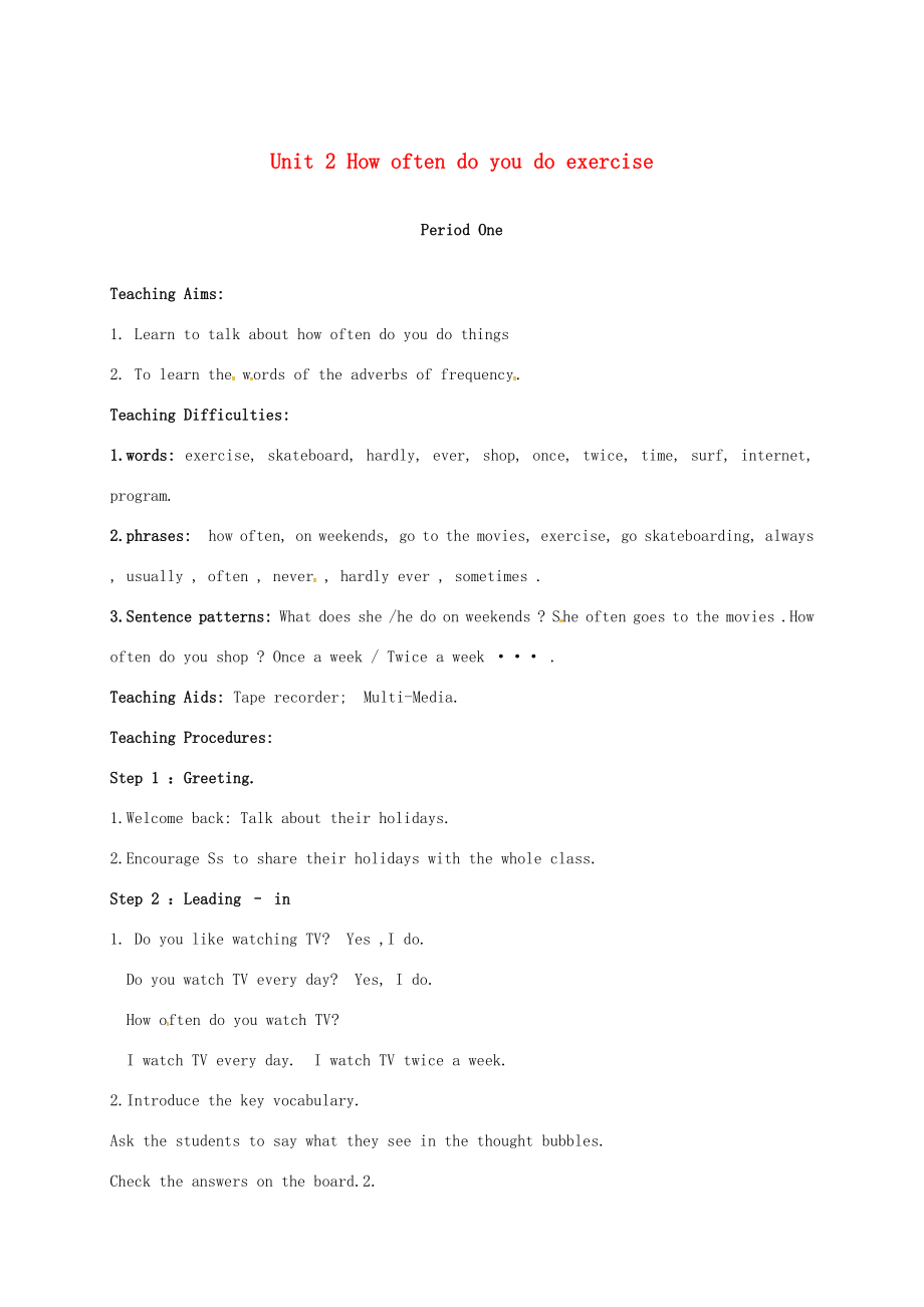 湖南省张家界市桑植县八年级英语上册Unit2HowoftendoyoudorcisePeriod1SectionA（1a2c）教案（新版）人教新目标版（新版）人教新目标版初中八年级上册英语教案.doc