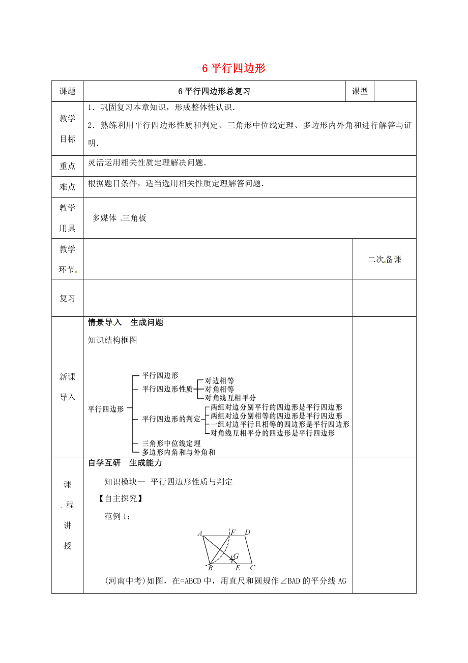 河北省邯郸市肥乡县八年级数学下册第6章平行四边形复习教案（新版）北师大版（新版）北师大版初中八年级下册数学教案.doc