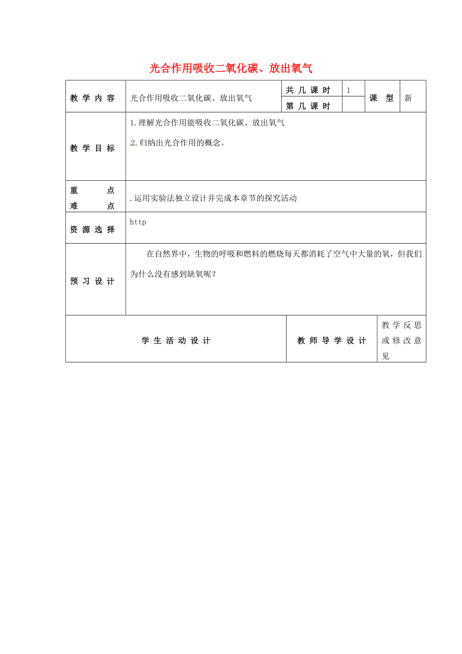 江苏省泗阳县王集中学七年级生物上册《光合作用吸收二氧化碳、放出氧气》教案苏教版.doc