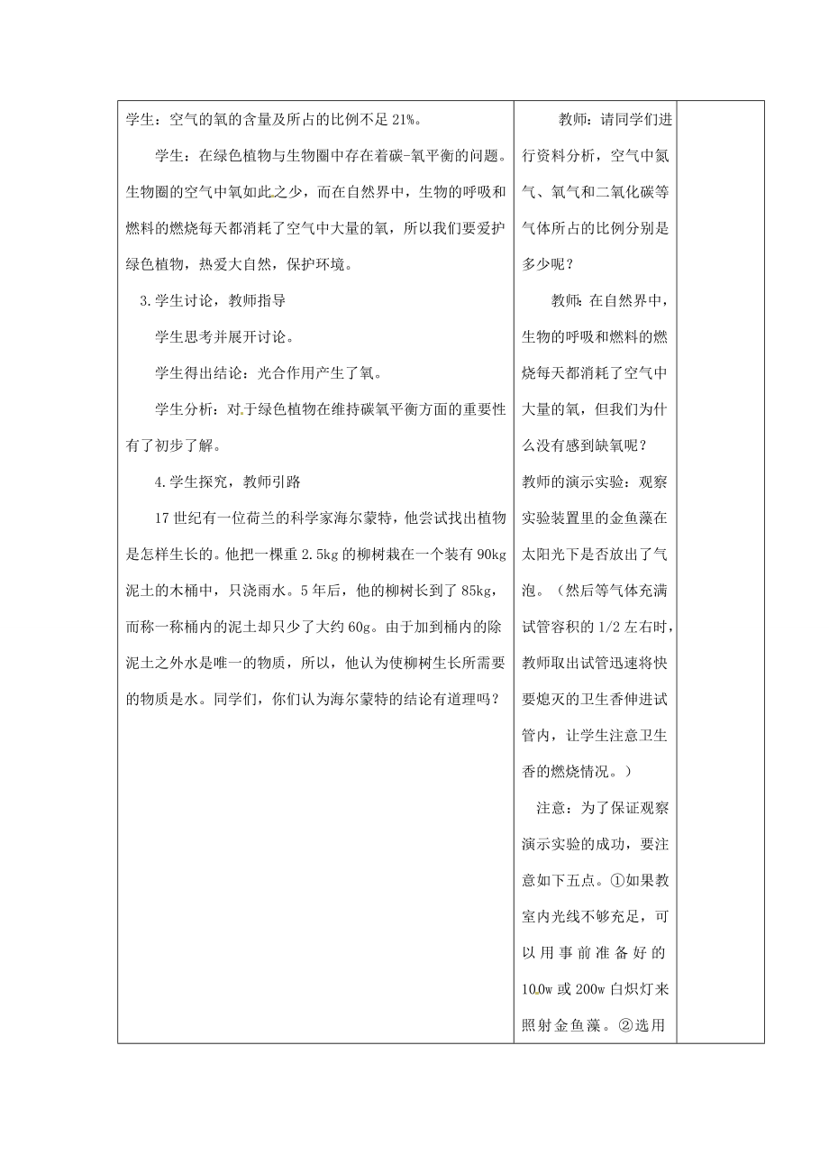 江苏省泗阳县王集中学七年级生物上册《光合作用吸收二氧化碳、放出氧气》教案苏教版.doc