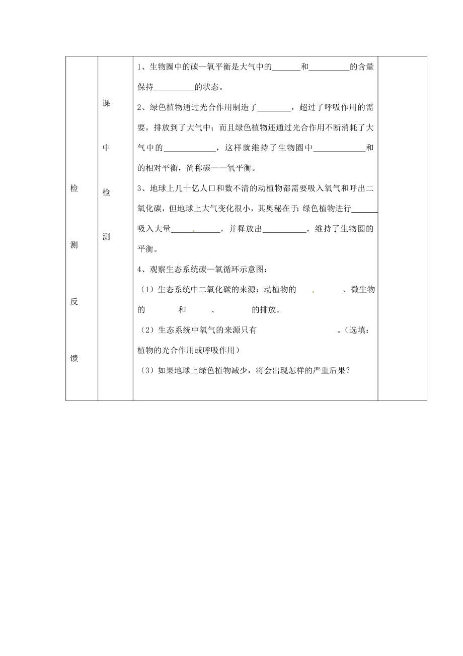 江苏省泗阳县王集中学七年级生物上册《光合作用吸收二氧化碳、放出氧气》教案苏教版.doc