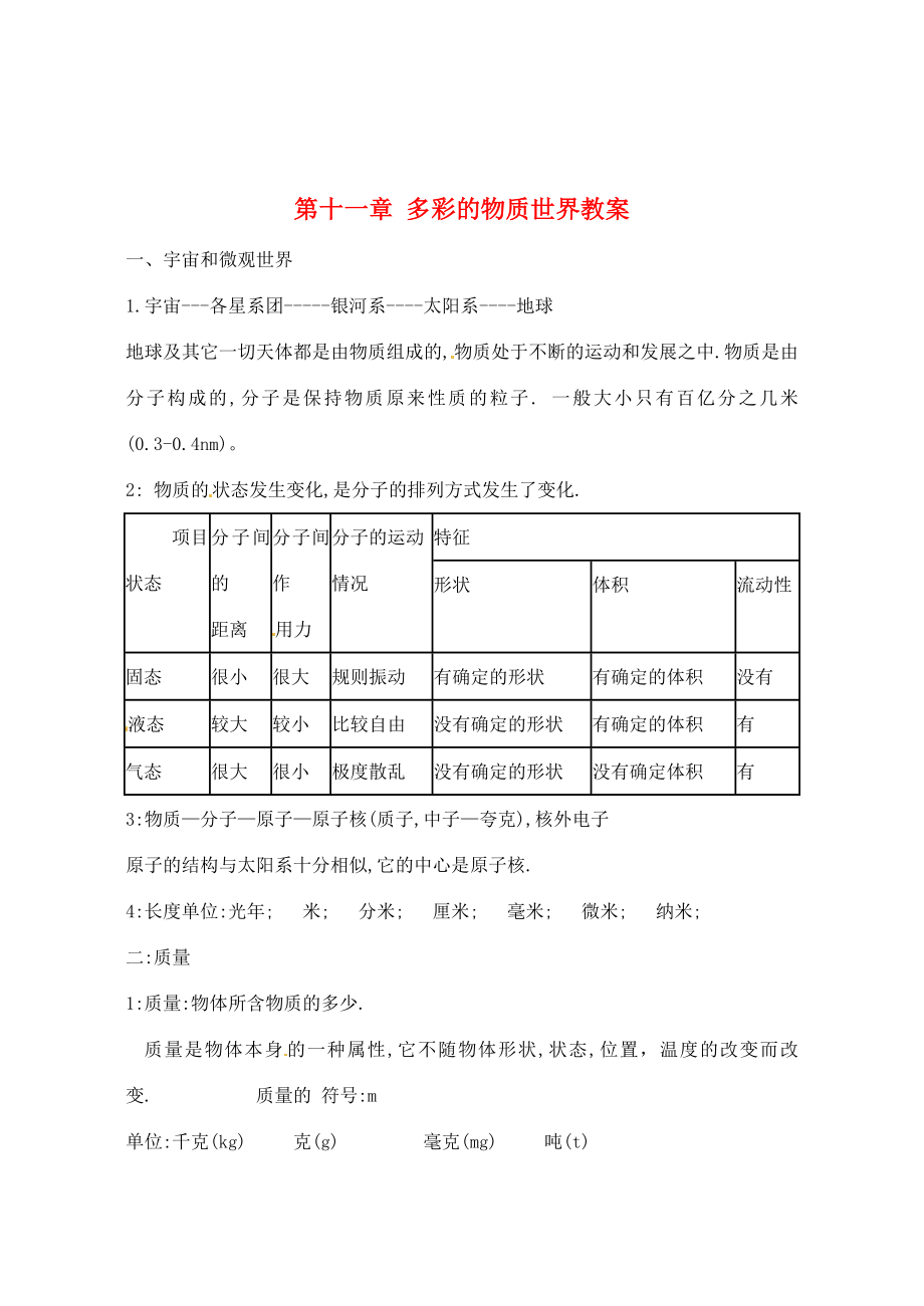 辽宁省丹东七中九年级物理《第十一章多彩的物质世界》复习教案人教新课标版.doc