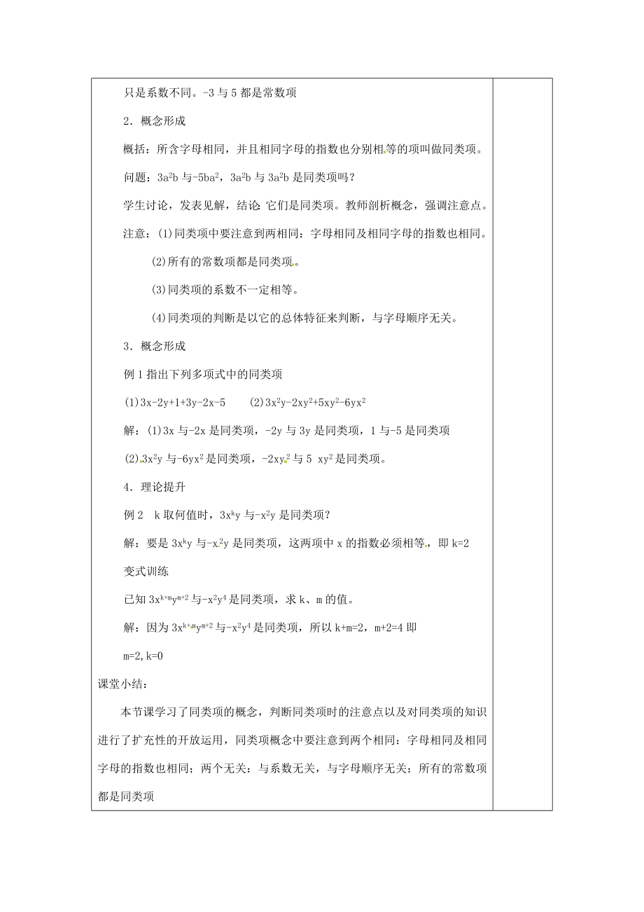 河南省洛阳市下峪镇初级中学七年级数学《同类项》教案.doc