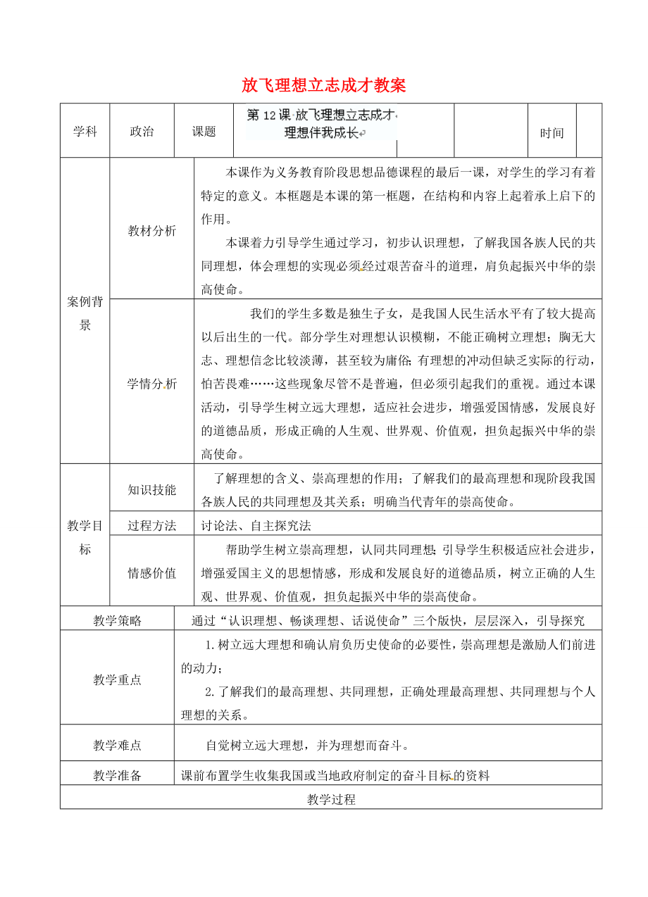 江苏省张家港市第一中学九年级政治全册放飞理想立志成才教案新人教版.doc