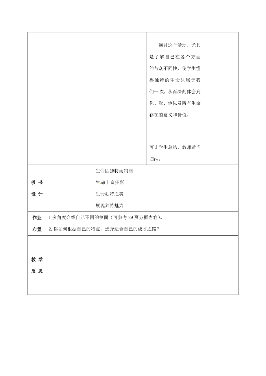 甘肃省武威第十一中学七年级政治上册2.3.2生命因独特而绚丽教案新人教版.doc