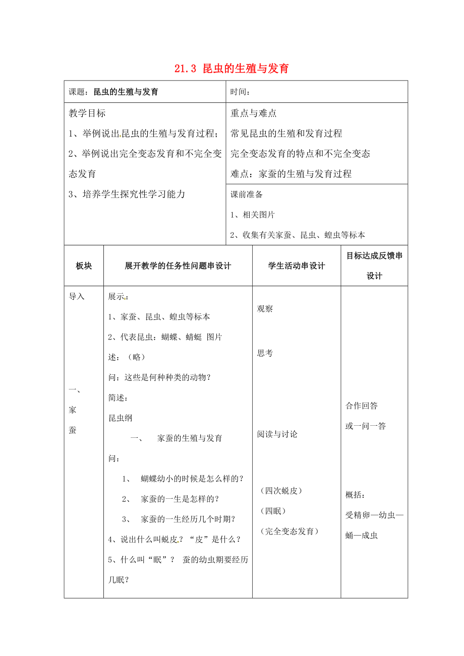 江苏省常州市西夏墅中学八年级生物下册21.3昆虫的生殖与发育教案（新版）苏教版.doc