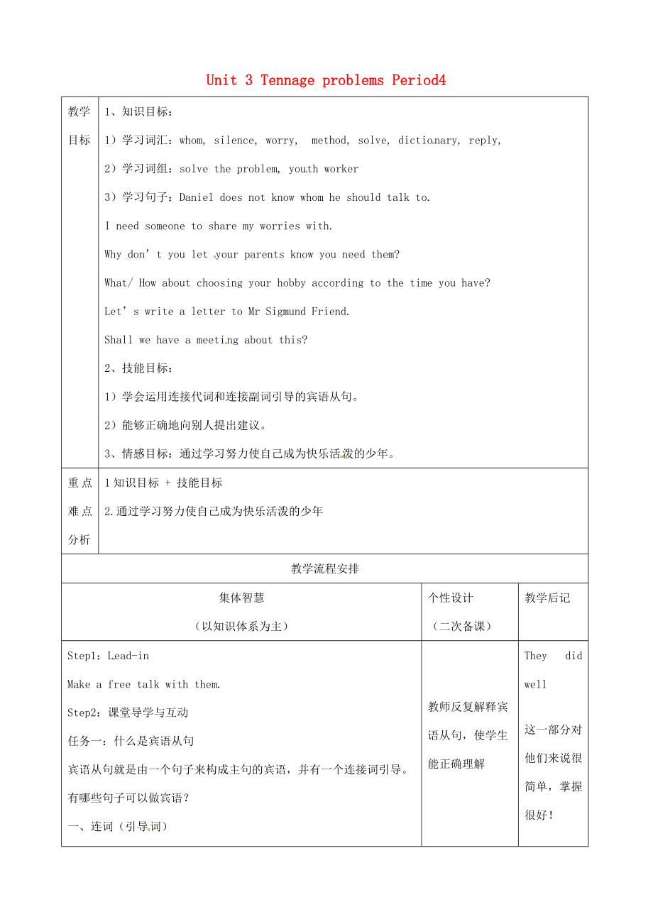 江苏省宿迁市宿豫县关庙镇中心学校九年级英语上册Unit3TennageproblemsPeriod4教案牛津版.doc