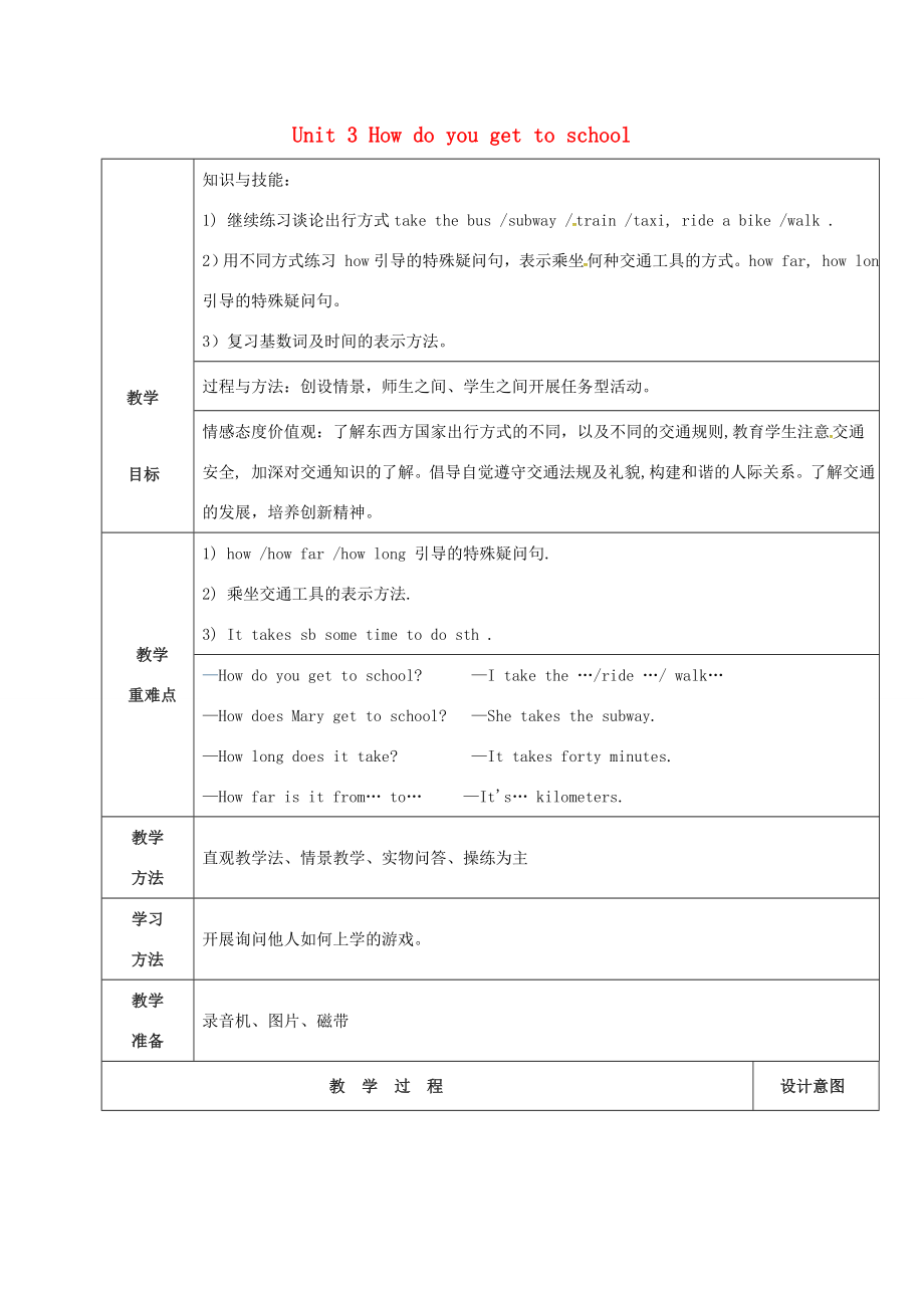 陕西省延安市富县羊泉镇七年级英语下册Unit3HowdoyougettoschoolSectionA（2a3c）教案（新版）人教新目标版（新版）人教新目标版初中七年级下册英语教案.doc