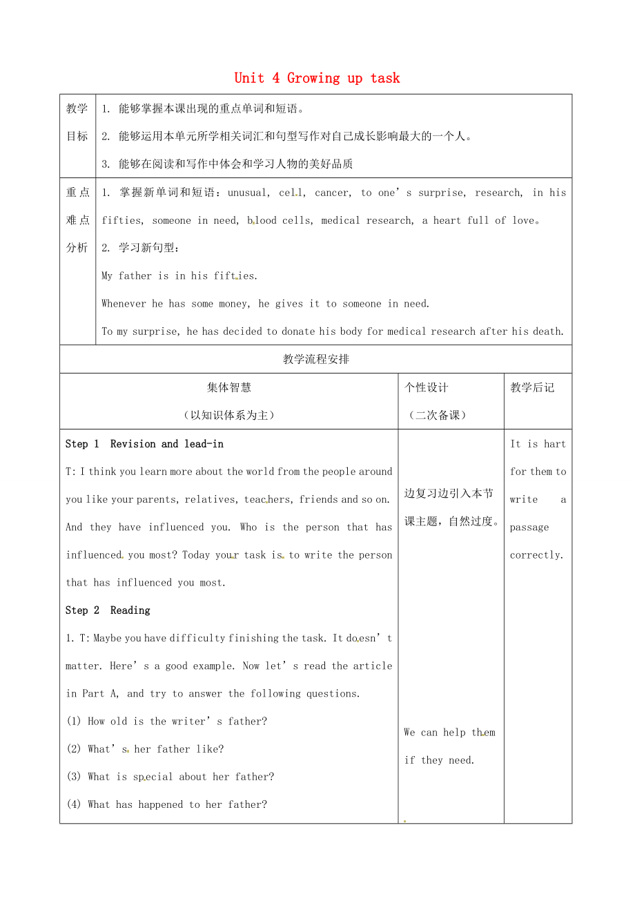 江苏省宿迁市宿豫县关庙镇中心学校九年级英语上册Unit4Growinguptask教案牛津版.doc