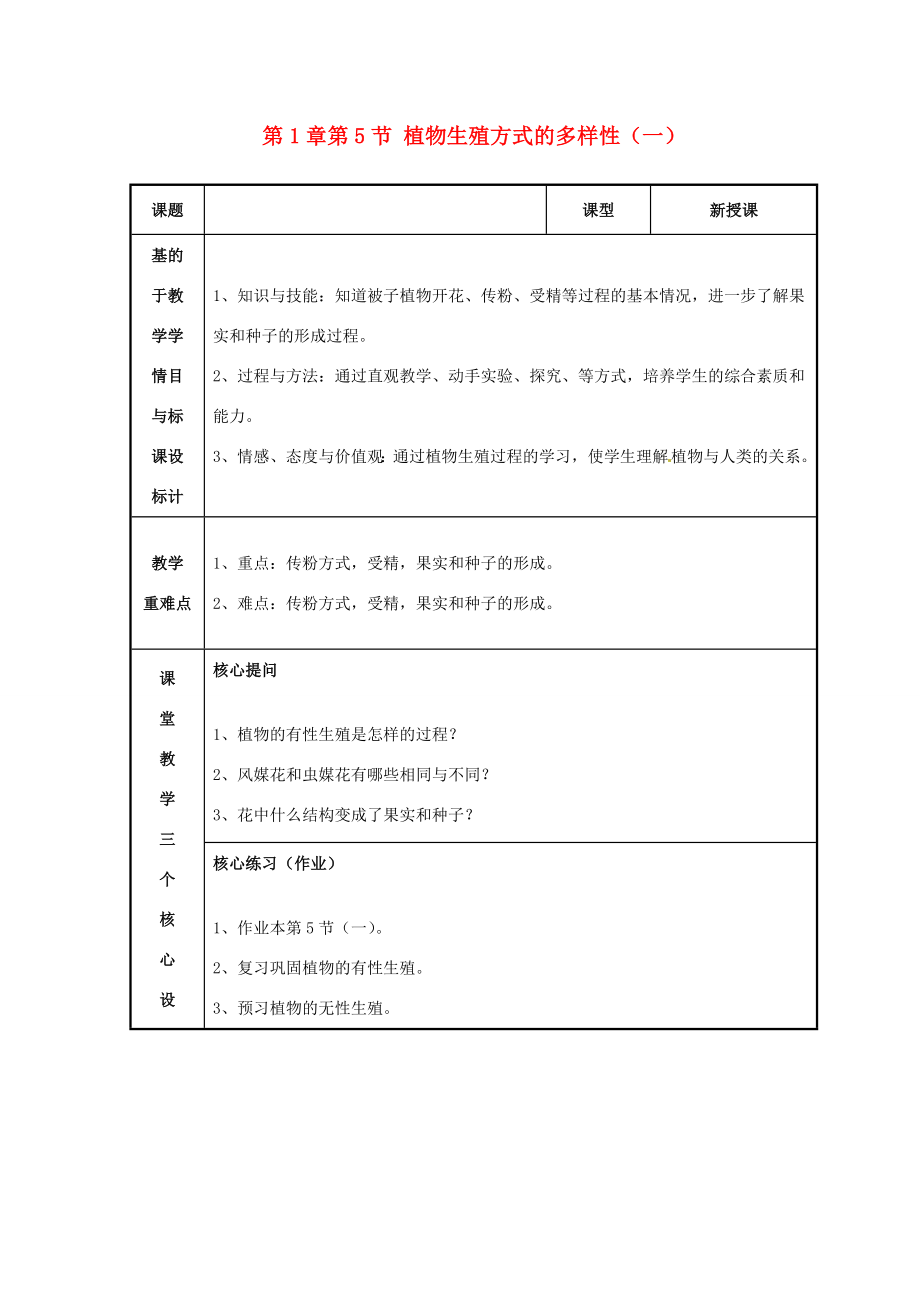 浙江省温州市苍南县桥墩镇五凤学校七年级科学下册第1章第5节植物生殖方式的多样性教案（一）浙教版.doc